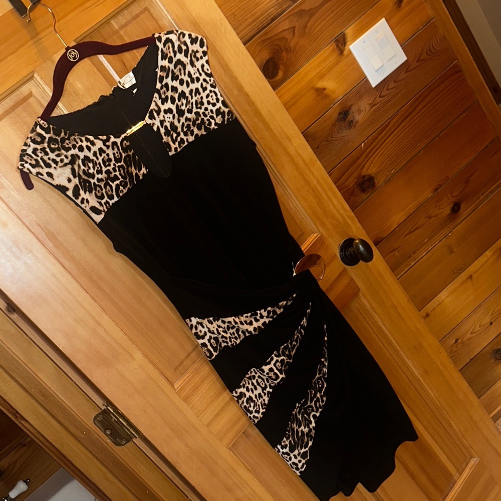 Black Leopard-Wrap Skirt Gild Metal Accent Women's Dress